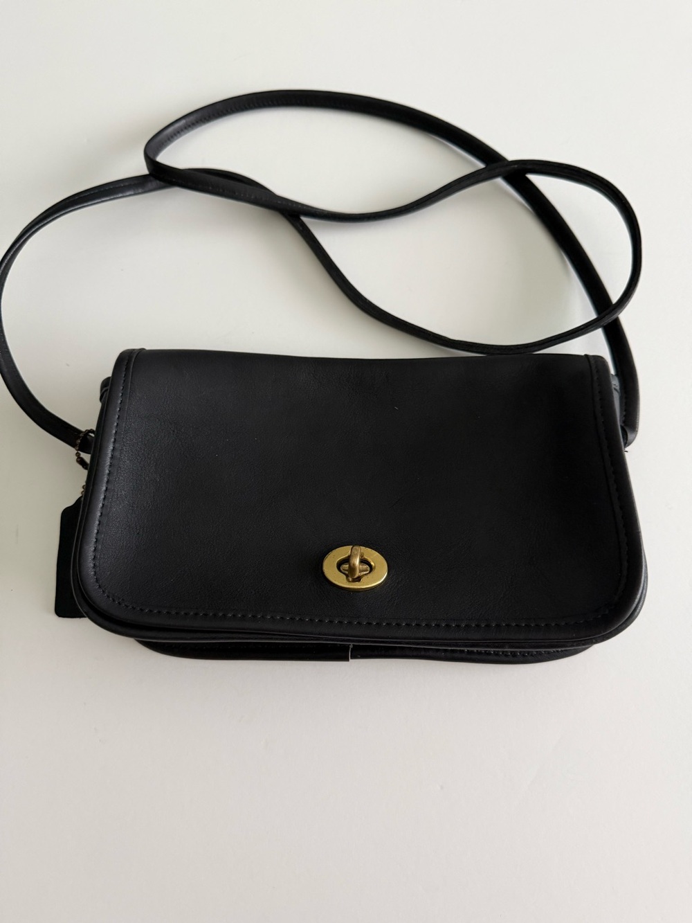 Coach Vintage Black Leather Crossbody with Gold Turnlock Hardware